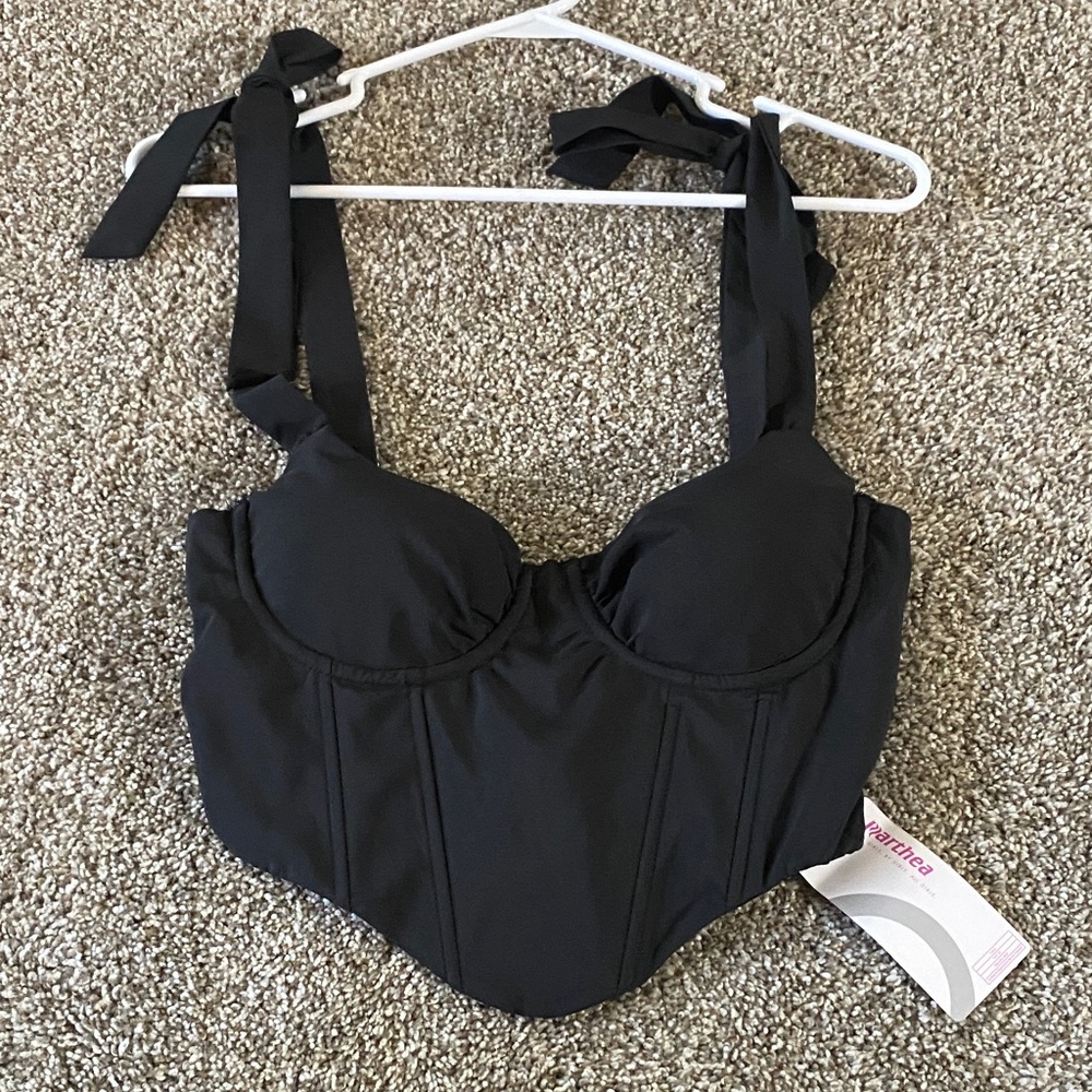 Black Tie-Shoulder Bustier Top with Structured Cups L - Picture 2 of 2